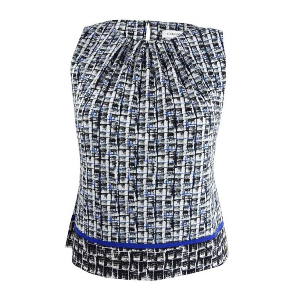 Calvin Klein Women's Petite Mixed-Print Pleat-Neck Shell (PXS, Regatta Multi)